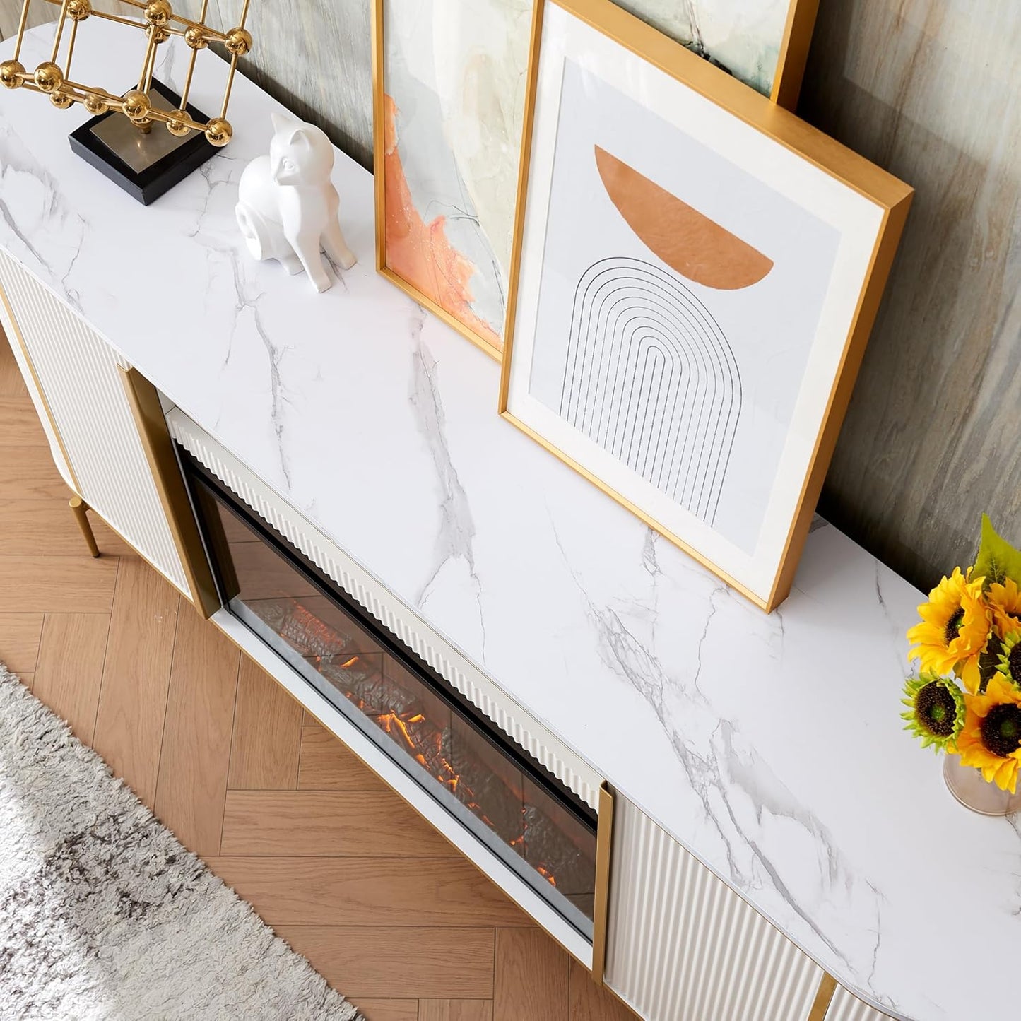 OKD Luxury 70" Fluted Fireplace TV Stand, Modern Chic Entertainment Center for TVs Up to 80 inches, TV Console with Faux Marble Top, Curved Profile Design, Media Console for Living Room, Off White