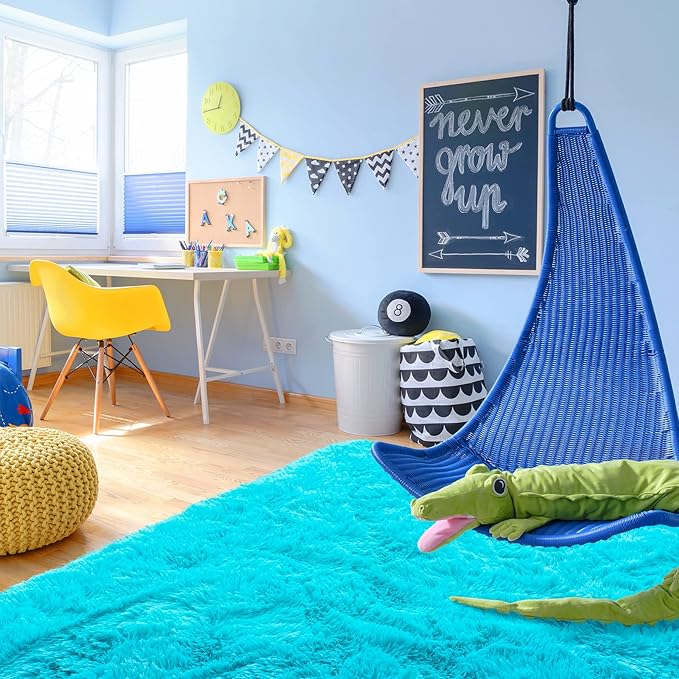 Noahas Fluffy Teal Blue Area Rugs for Bedroom Living Room,4x5.3 Feet Thick Shag Throw Floor Carpet,Soft Shaggy Non-Slip Plush Dorm Nursery Kids Rug Home Decor Aesthetic