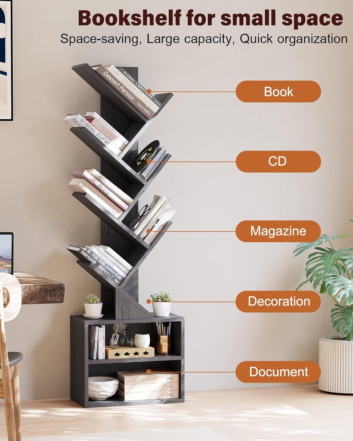 SUNMORY 6 Tier Tree Bookshelf, Small Bookcase with Storage Cabinet, Modern Narrow Bookshelves Organizer, Floor Standing Book Shelf for Bedroom/Living Room/Home Office/Corner, Black