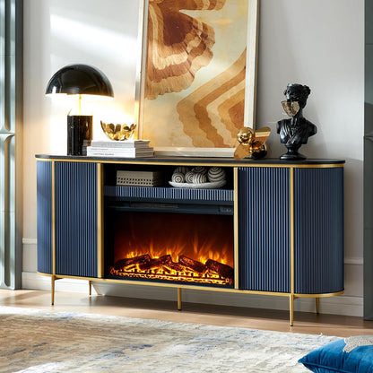OKD Luxury 70" Fluted Fireplace TV Stand, Modern Chic Entertainment Center for TVs Up to 80 inches, TV Console with Faux Marble Top, Curved Profile Design, Media Console for Living Room, Navy Blue