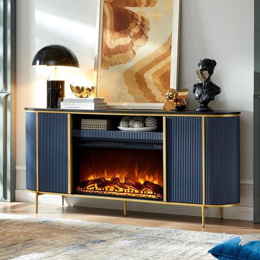 OKD Luxury 70" Fluted Fireplace TV Stand, Modern Chic Entertainment Center for TVs Up to 80 inches, TV Console with Faux Marble Top, Curved Profile Design, Media Console for Living Room, Navy Blue