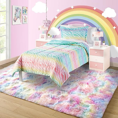 Noahas 3x5 Fluffy Pink Kids Rugs for Room,Rainbow Rug for Girls Bedroom,Soft Playroom Shag Nursery Carpets Room Decor