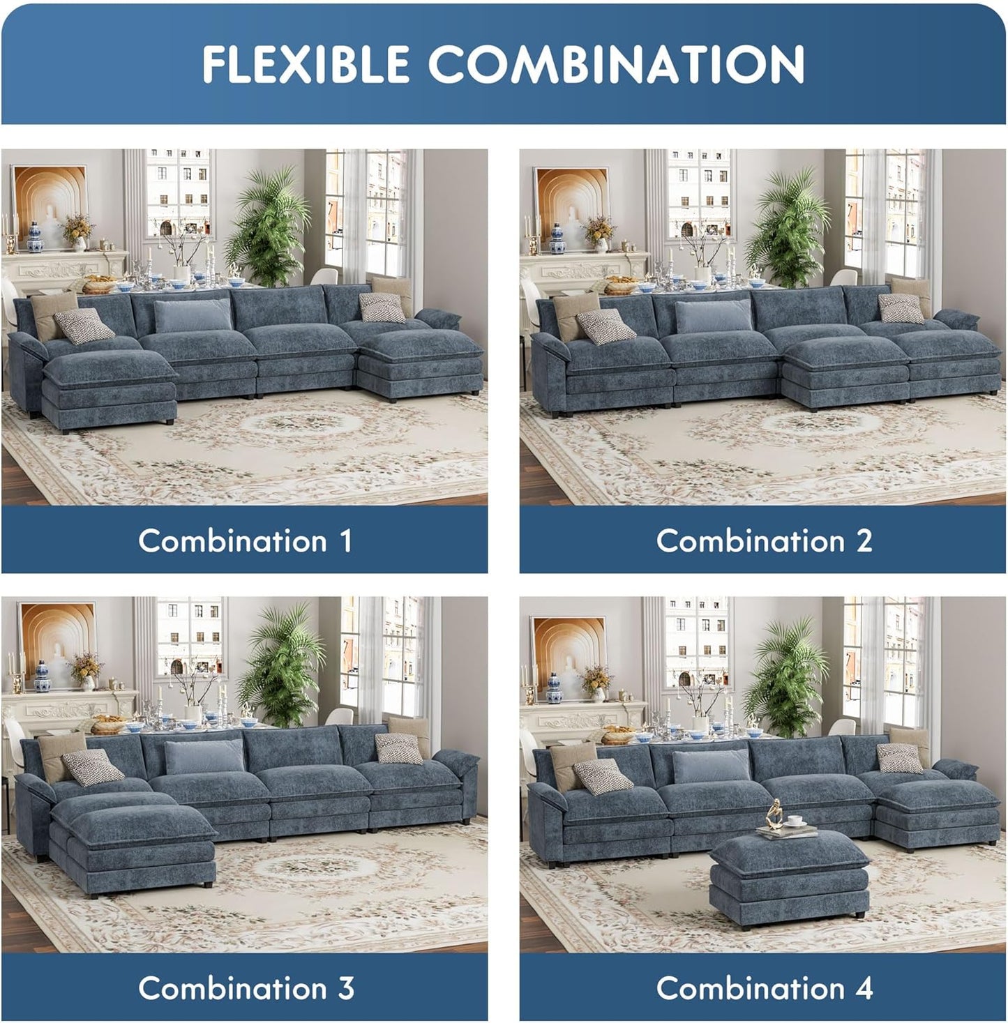 YESHOMY Sectional Modular Sofa U Shaped Chenille Fabric Couch with High Supportive & Soft Sponges and Removable Ottoman, Sleeper Comfy Upholstered Furniture for Living Room, Blue