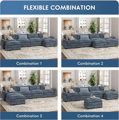 YESHOMY Sectional Modular Sofa U Shaped Chenille Fabric Couch with High Supportive & Soft Sponges and Removable Ottoman, Sleeper Comfy Upholstered Furniture for Living Room, Blue