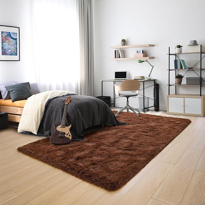 Noahas Fluffy Brown Area Rugs for Bedroom Living Room,4x5.3 Feet Thick Shag Throw Floor Carpet,Soft Shaggy Non-Slip Plush Dorm Nursery Kids Rug Home Decor Aesthetic