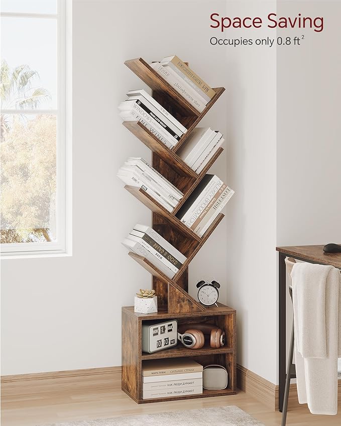 SUNMORY 6 Tier Tree Bookshelf, Small Bookcase with Storage Cabinet, Modern Tall Narrow Bookshelves Organizer, Floor Standing Book Shelf for Bedroom/Living Room/Home Office/Corner, Rustic Brown