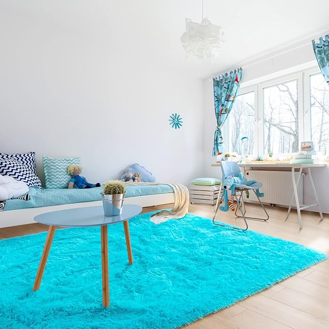 Noahas Fluffy Teal Blue Area Rugs for Bedroom Living Room,4x5.3 Feet Thick Shag Throw Floor Carpet,Soft Shaggy Non-Slip Plush Dorm Nursery Kids Rug Home Decor Aesthetic