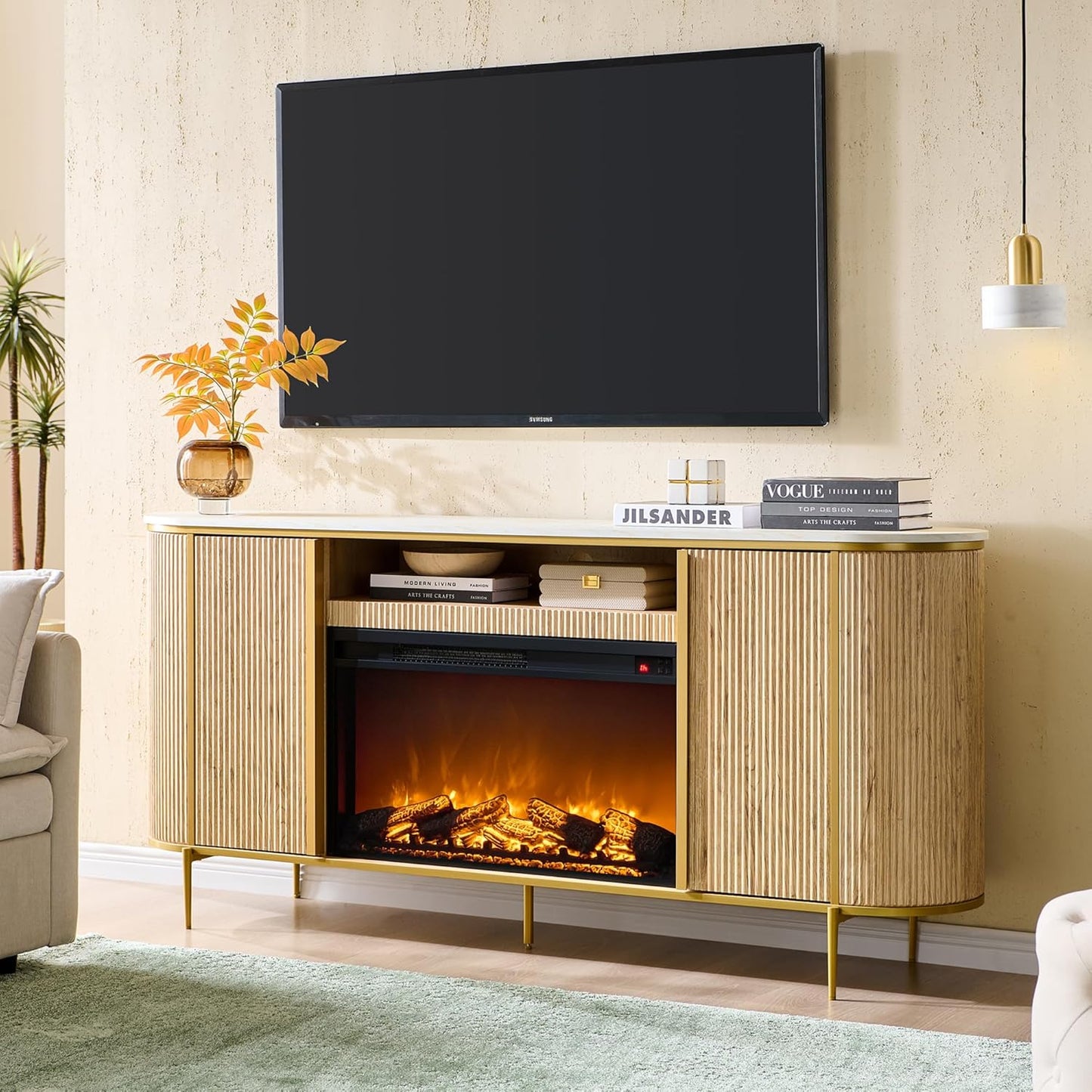 OKD Luxury 70" Fluted Fireplace TV Stand, Modern Chic Entertainment Center for TVs Up to 80 inches, TV Console with Faux Marble Top, Curved Profile Design, Media Console for Living Room, Natural Oak