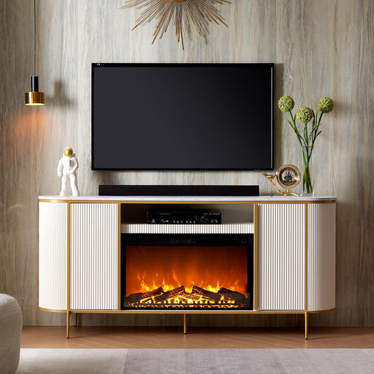 OKD Luxury 70" Fluted Fireplace TV Stand, Modern Chic Entertainment Center for TVs Up to 80 inches, TV Console with Faux Marble Top, Curved Profile Design, Media Console for Living Room, Off White