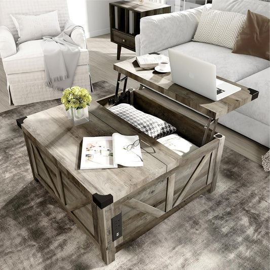 Farmhouse Lift Top Coffee Table with Storage, Wood Square Center Table with Charging Station&USB Port, Living Room Table w/Large Hidden Space, for Living Room, Bedroom, Home Office, Grey
