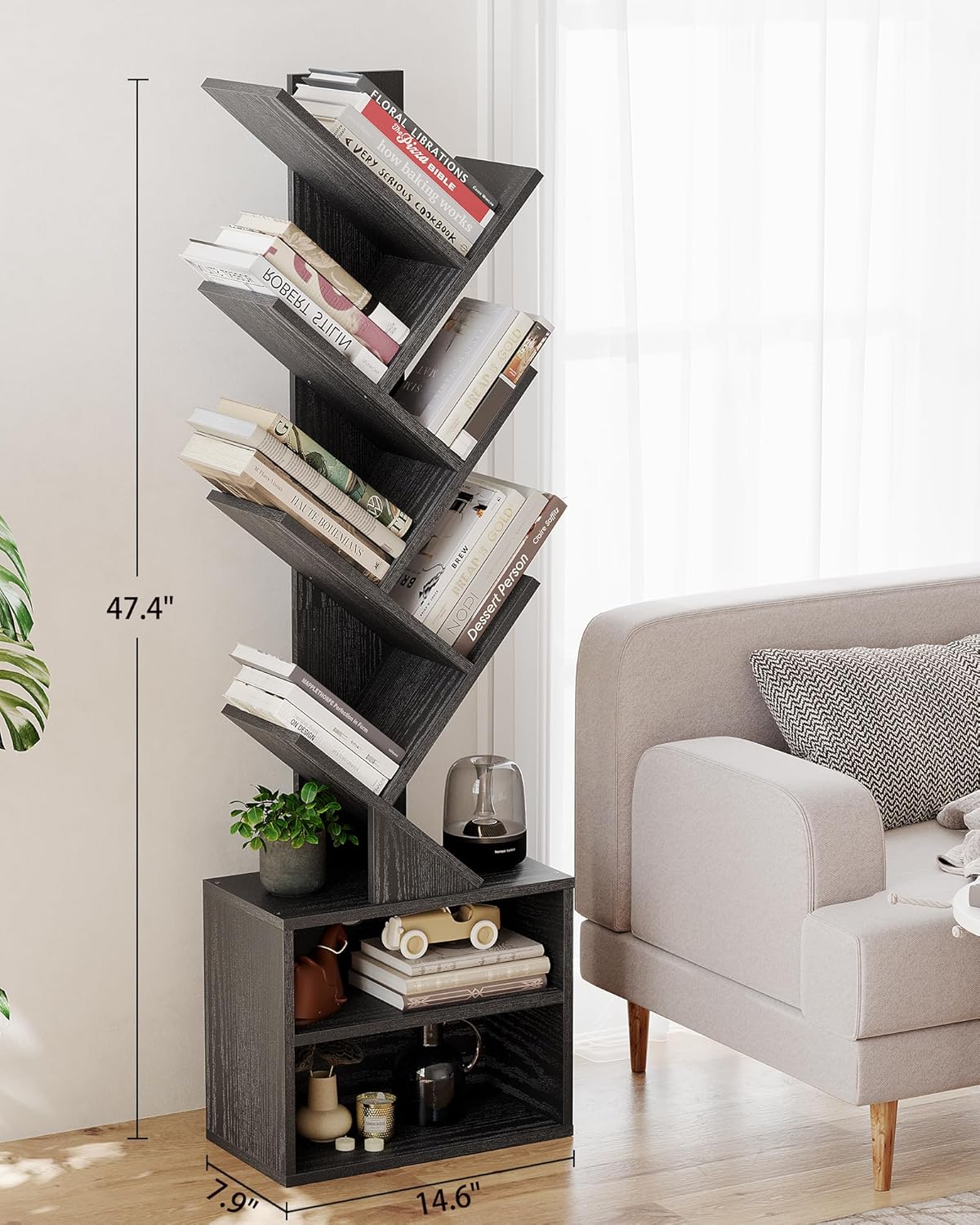 SUNMORY 6 Tier Tree Bookshelf, Small Bookcase with Storage Cabinet, Modern Narrow Bookshelves Organizer, Floor Standing Book Shelf for Bedroom/Living Room/Home Office/Corner, Black