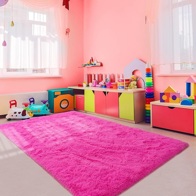 Noahas Fluffy 4x6 Hot Pink Rugs for Bedroom Girls,Shaggy Kids Rug,Thick Shag Throw Carpet,Soft Non-Slip Dorm Nursery Area Rugs for Living Room Home Decor Aesthetic