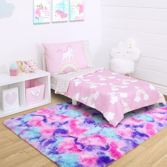 Noahas Kids Rugs for Bedroom Girls,3x5 Feet Rainbow Rug,Tie-Dyed Hot Pink Kids Carpet,Shaggy Fluffy Bedroom Rug,Colorful Area Rug Nursery Toddler Boys Girls Room Decor