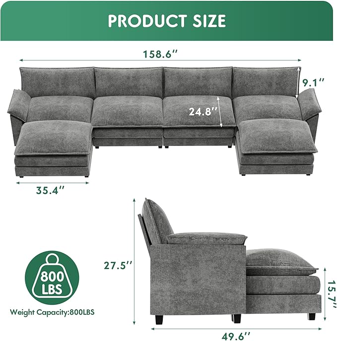 YESHOMY Sectional Modular Sofa U Shaped Chenille Fabric Couch with High Supportive & Soft Sponges and Removable Ottoman, Sleeper Comfy Upholstered Furniture for Living Room, Grey
