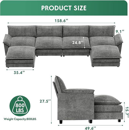 YESHOMY Sectional Modular Sofa U Shaped Chenille Fabric Couch with High Supportive & Soft Sponges and Removable Ottoman, Sleeper Comfy Upholstered Furniture for Living Room, Grey