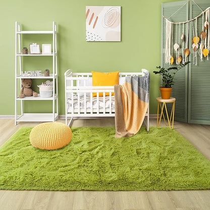 Noahas Fluffy Green Area Rugs for Bedroom Living Room,4x5.3 Feet Thick Shag Throw Floor Carpet,Soft Shaggy Non-Slip Plush Dorm Nursery Kids Rug Home Decor Aesthetic