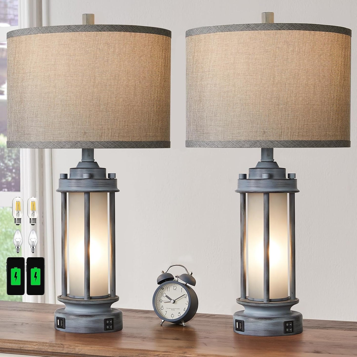 Farmhouse Vintage Nightstand Lamp with 2 USB Ports, Antique Retro Light Green Glass Night Light for Bedroom Entryway, 4 Bulbs Included