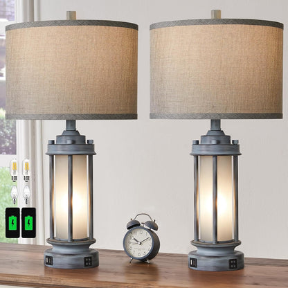 Farmhouse Vintage Nightstand Lamp with 2 USB Ports, Antique Retro Light Green Glass Night Light for Bedroom Entryway, 4 Bulbs Included