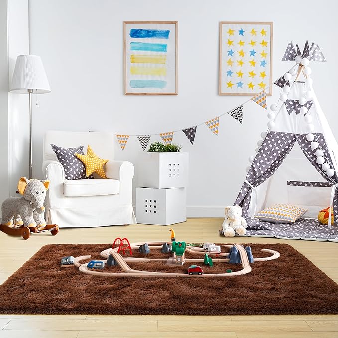 Noahas Fluffy Brown Area Rugs for Bedroom Living Room,4x5.3 Feet Thick Shag Throw Floor Carpet,Soft Shaggy Non-Slip Plush Dorm Nursery Kids Rug Home Decor Aesthetic
