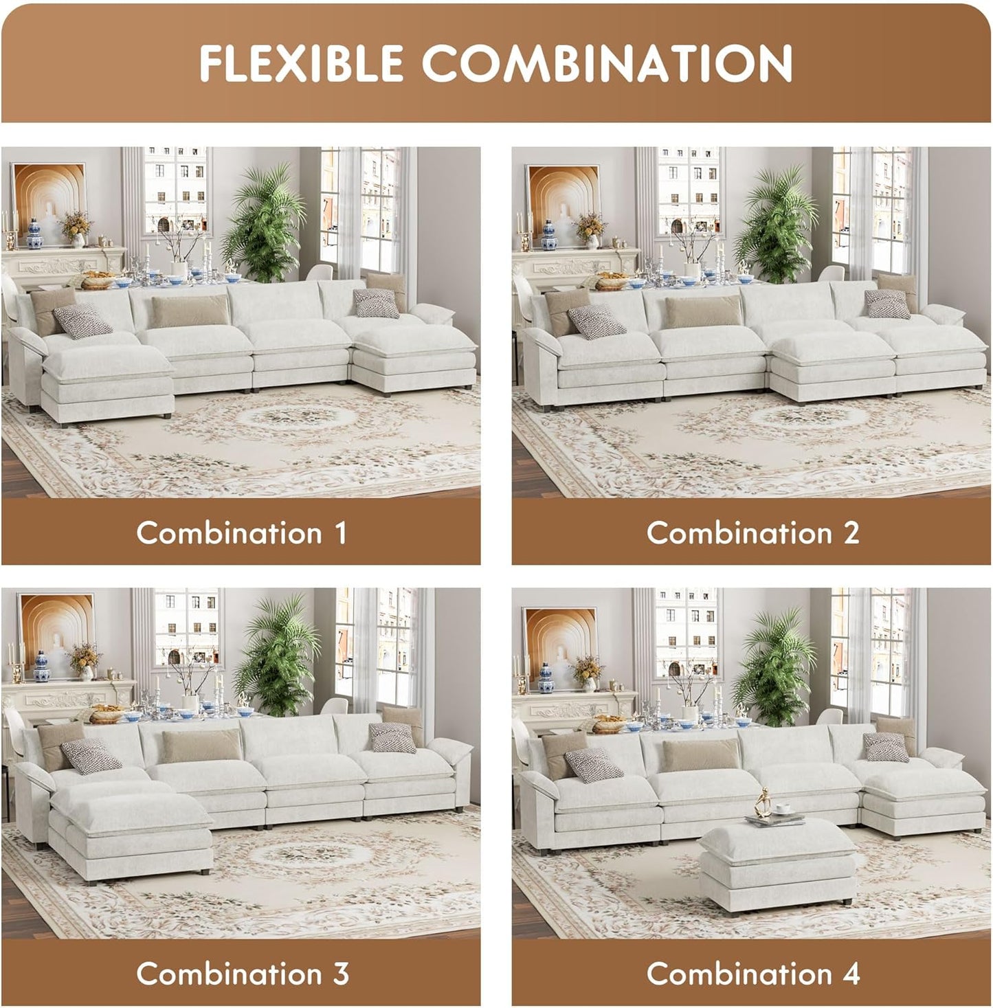 YESHOMY Sectional Modular Sofa U Shaped Chenille Fabric Couch with High Supportive & Soft Sponges and Removable Ottoman, Sleeper Comfy Upholstered Furniture for Living Room, White