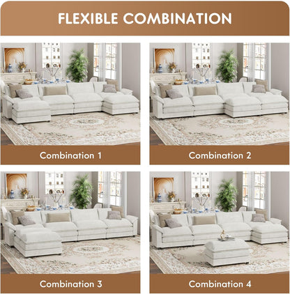 YESHOMY Sectional Modular Sofa U Shaped Chenille Fabric Couch with High Supportive & Soft Sponges and Removable Ottoman, Sleeper Comfy Upholstered Furniture for Living Room, White
