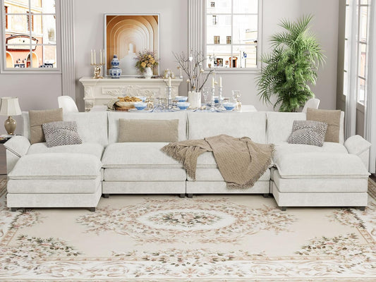 YESHOMY Sectional Modular Sofa U Shaped Chenille Fabric Couch with High Supportive & Soft Sponges and Removable Ottoman, Sleeper Comfy Upholstered Furniture for Living Room, White