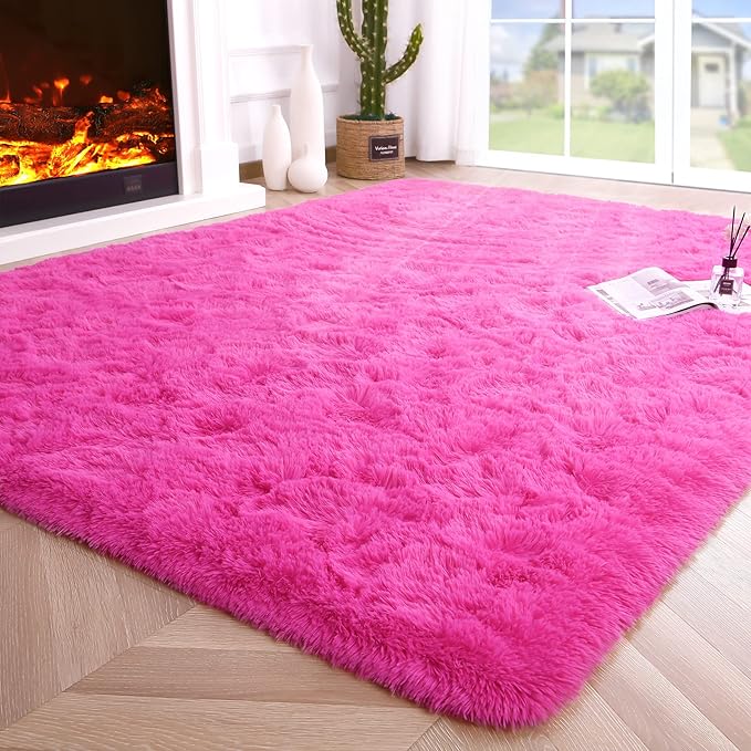 Noahas Fluffy 4x6 Hot Pink Rugs for Bedroom Girls,Shaggy Kids Rug,Thick Shag Throw Carpet,Soft Non-Slip Dorm Nursery Area Rugs for Living Room Home Decor Aesthetic