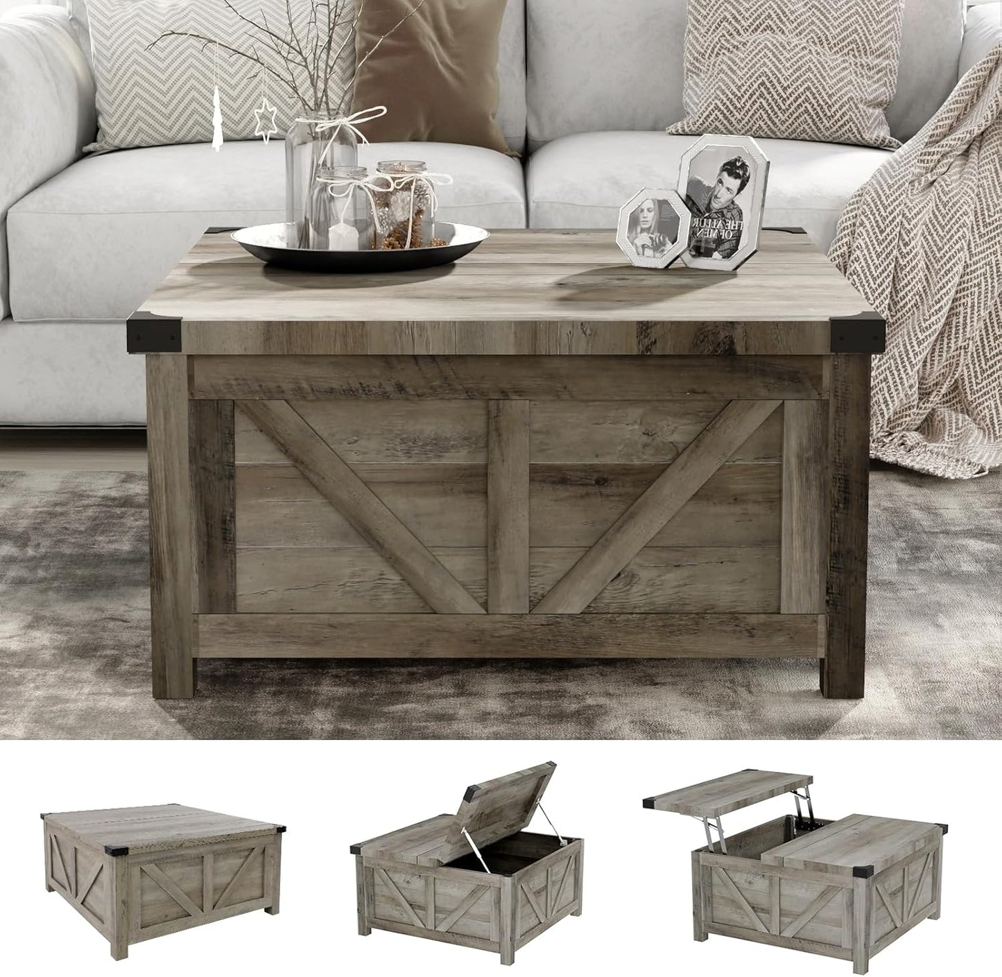 Farmhouse Lift Top Coffee Table with Storage, Wood Square Center Table with Charging Station&USB Port, Living Room Table w/Large Hidden Space, for Living Room, Bedroom, Home Office, Grey