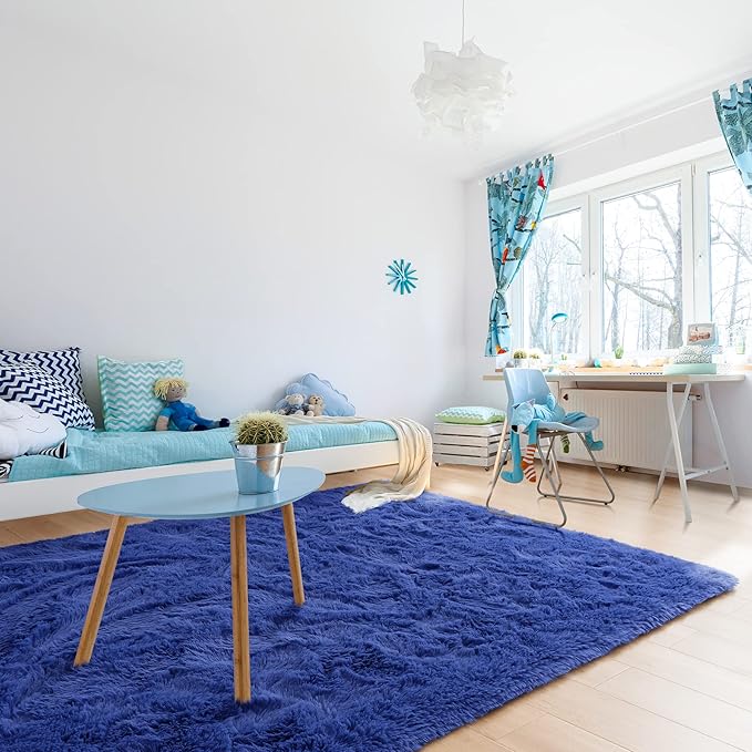 Noahas Fluffy Bedroom Rug Plush Fuzzy Rugs for Kids Room Living Room, Soft Shaggy Nursery Rug Furry Floor Carpet Modern Indoor Bedroom Decor Cute Boys Girls Room Rug, 4x5.3 Feet, Light Navy