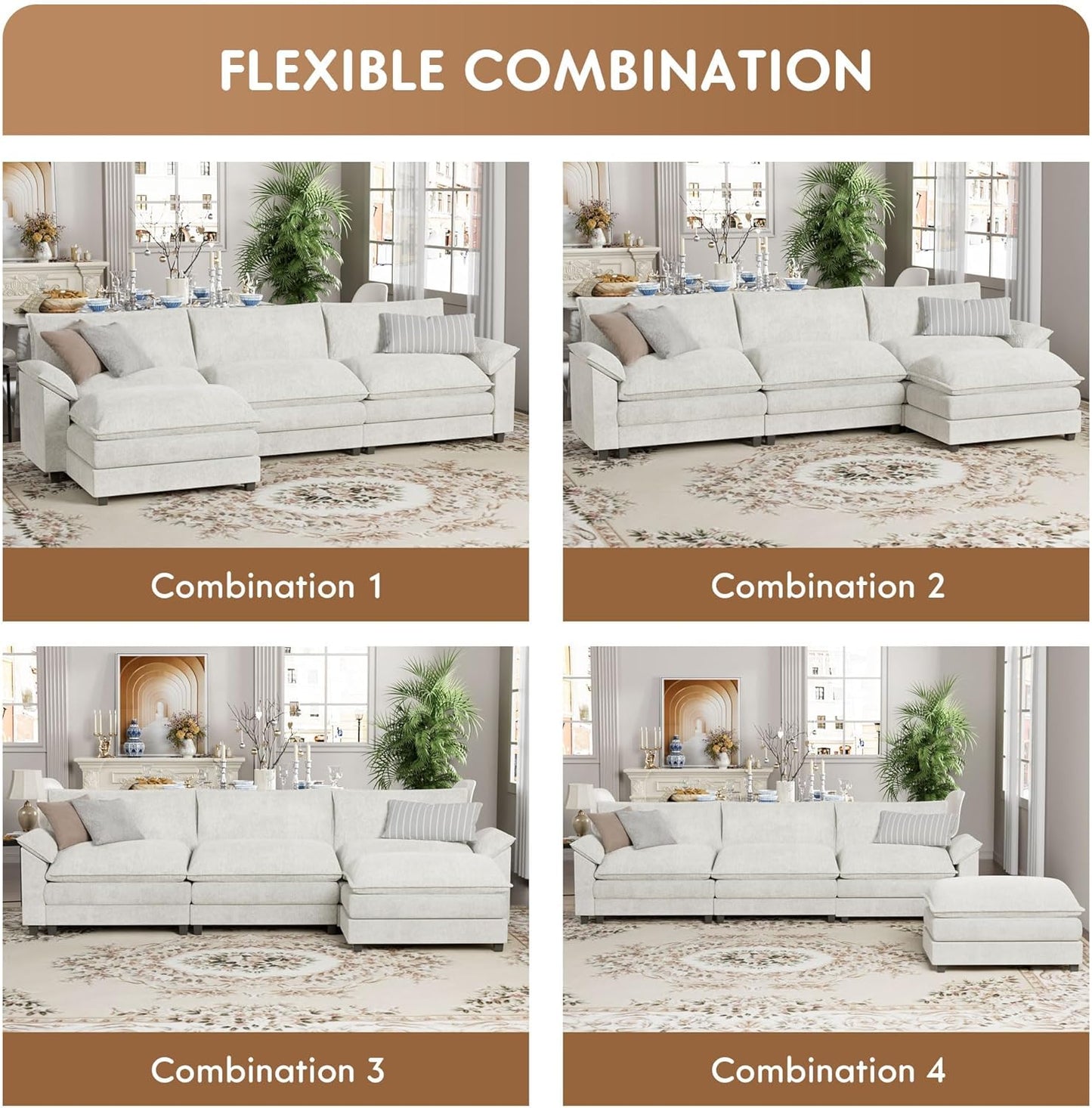 YESHOMY Sectional Modular Sofa L Shaped Chenille Fabric Couch with High Supportive & Soft Sponges and Removable Ottoman, Sleeper Comfy Upholstered Furniture for Living Room, White