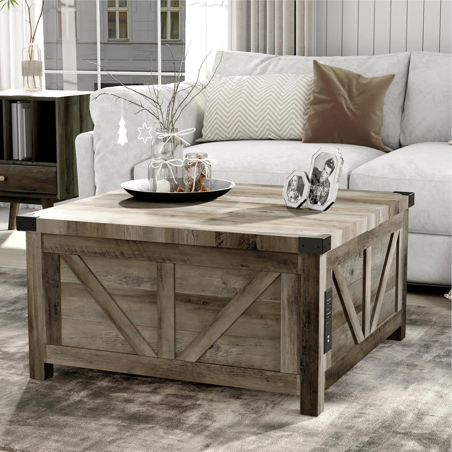 Farmhouse Lift Top Coffee Table with Storage, Wood Square Center Table with Charging Station&USB Port, Living Room Table w/Large Hidden Space, for Living Room, Bedroom, Home Office, Grey