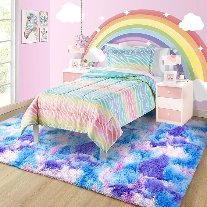 Noahas Fluffy 4x6 Area Rugs for Living Room,Tie-Dyed Blue and Purple Rugs for Bedroom,Thick Shag Throw Floor Carpet,Soft Shaggy Bedside Non-Slip Plush Dorm Nursery Kids Rug Home Decor Aesthetic