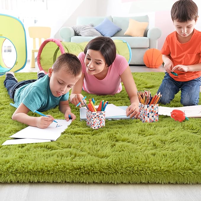 Noahas Fluffy Green Area Rugs for Bedroom Living Room,4x5.3 Feet Thick Shag Throw Floor Carpet,Soft Shaggy Non-Slip Plush Dorm Nursery Kids Rug Home Decor Aesthetic