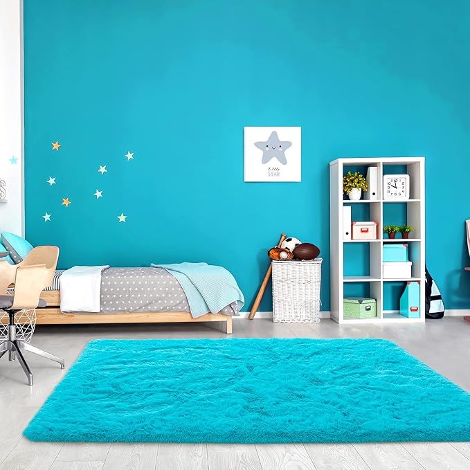 Noahas Fluffy Teal Blue Area Rugs for Bedroom Living Room,4x5.3 Feet Thick Shag Throw Floor Carpet,Soft Shaggy Non-Slip Plush Dorm Nursery Kids Rug Home Decor Aesthetic