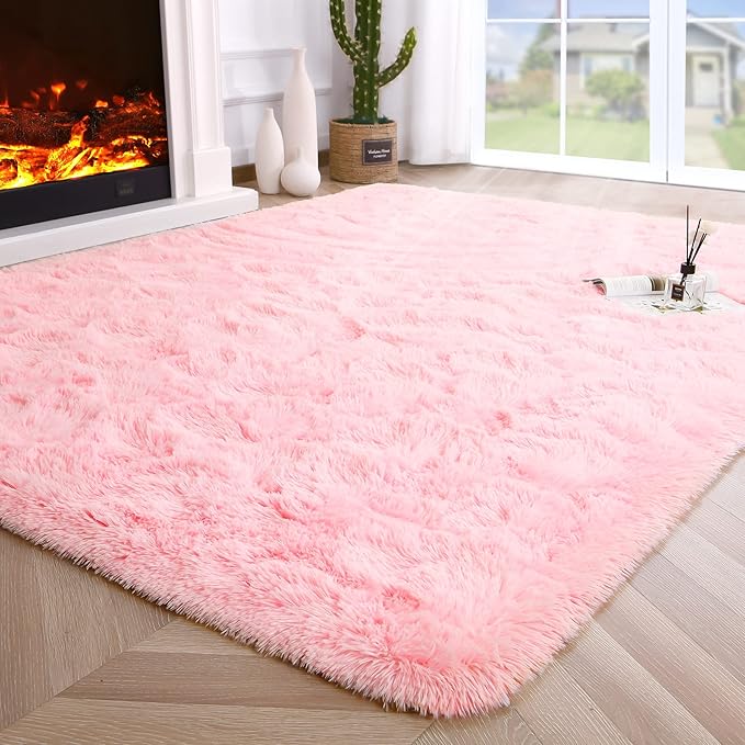 Noahas Fluffy 4x5.3 Pink Rugs for Bedroom Girls,Shaggy Kids Rug,Thick Shag Throw Floor Carpet,Soft Non-Slip Dorm Nursery Area Rugs for Living Room Home Decor Aesthetic