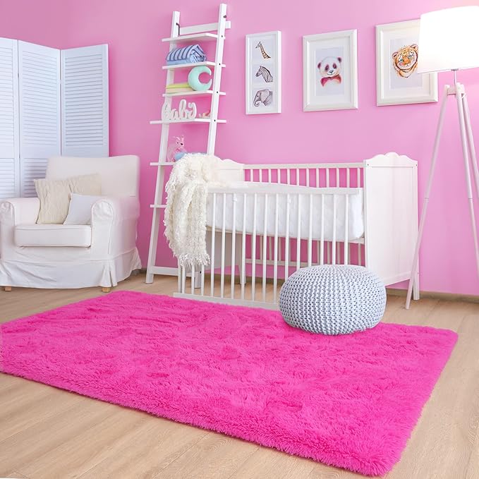 Noahas Fluffy 4x6 Hot Pink Rugs for Bedroom Girls,Shaggy Kids Rug,Thick Shag Throw Carpet,Soft Non-Slip Dorm Nursery Area Rugs for Living Room Home Decor Aesthetic