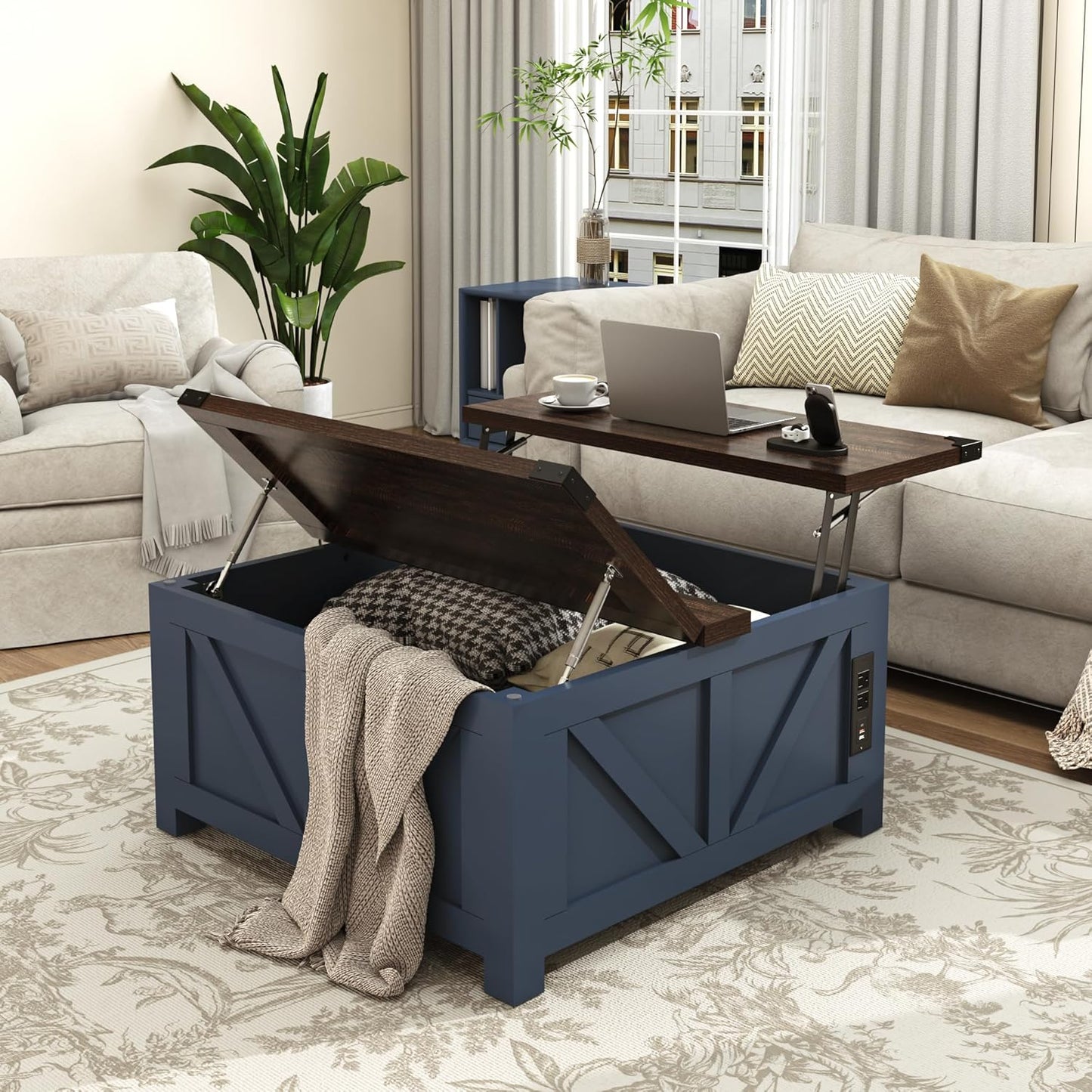 Farmhouse Lift Top Coffee Table with Storage, Wood Square Center Table with Charging Station&USB Port, Living Room Table w/Large Hidden Space, for Living Room, Bedroom, Home Office, Blue