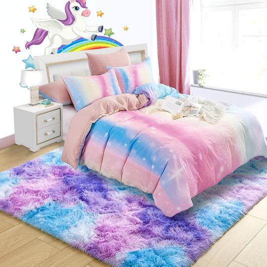 Noahas Fluffy 4x6 Area Rugs for Living Room,Tie-Dyed Blue and Purple Rugs for Bedroom,Thick Shag Throw Floor Carpet,Soft Shaggy Bedside Non-Slip Plush Dorm Nursery Kids Rug Home Decor Aesthetic