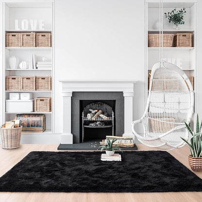 Noahas Fluffy Black Area Rugs for Bedroom Living Room,4x5.3 Feet Thick Shag Throw Floor Carpet,Soft Shaggy Non-Slip Plush Dorm Nursery Kids Rug Home Decor Aesthetic