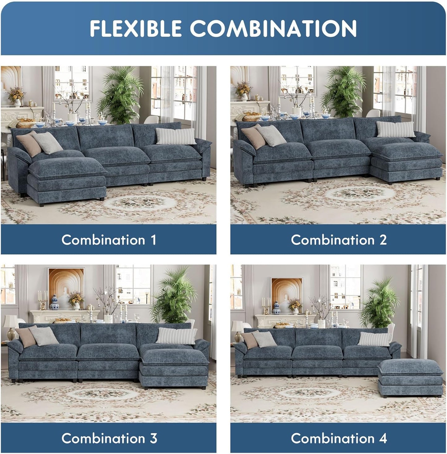 YESHOMY Sectional Modular Sofa L Shaped Chenille Fabric Couch with High Supportive & Soft Sponges and Removable Ottoman, Sleeper Comfy Upholstered Furniture for Living Room, Blue