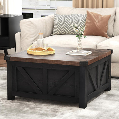 Farmhouse Lift Top Coffee Table with Storage, Wood Square Center Table with Charging Station&USB Port, Living Room Table w/Large Hidden Space, for Living Room, Bedroom, Home Office, Black