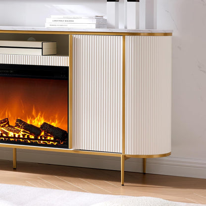 OKD Luxury 70" Fluted Fireplace TV Stand, Modern Chic Entertainment Center for TVs Up to 80 inches, TV Console with Faux Marble Top, Curved Profile Design, Media Console for Living Room, Off White