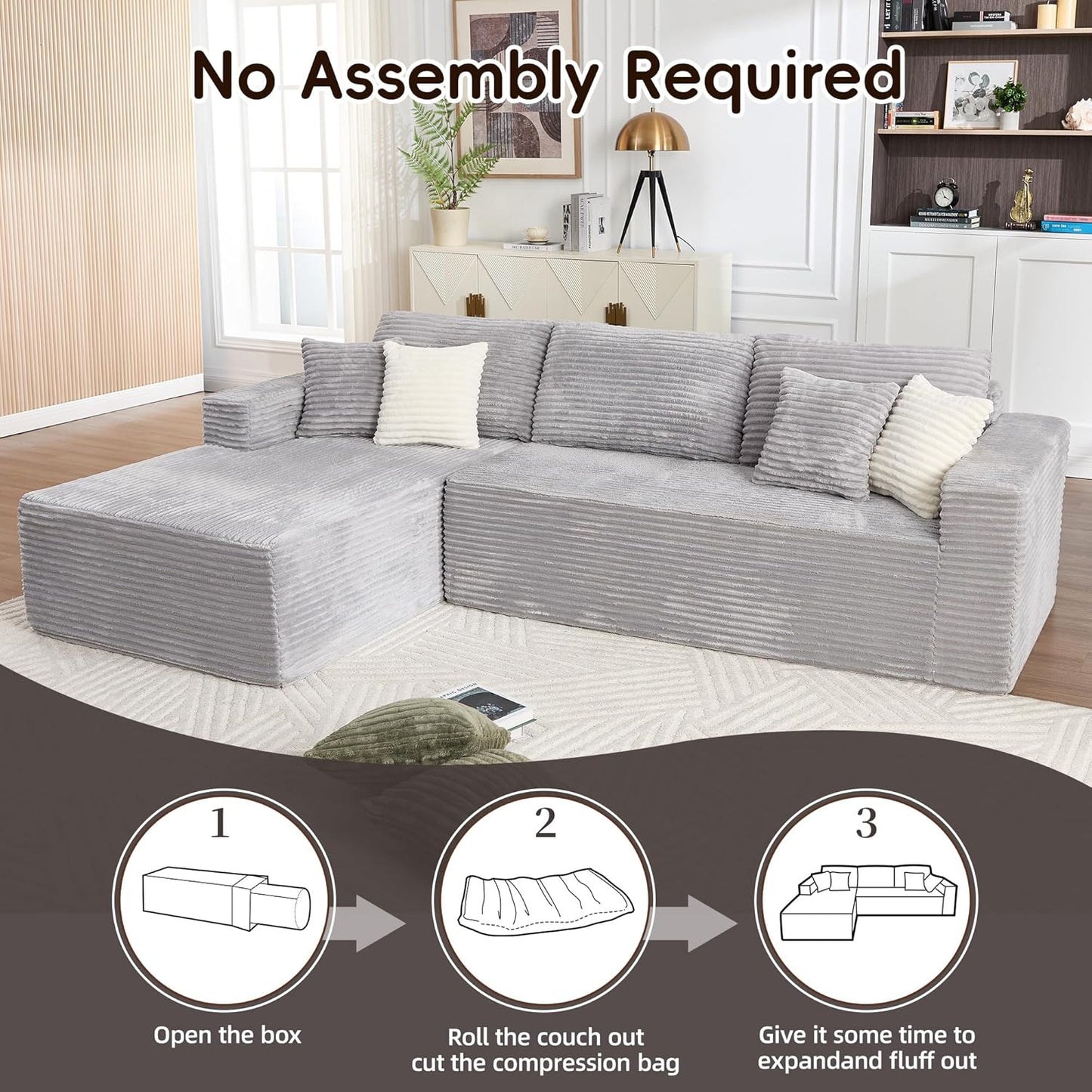 108" Boneless Couches for Living Room, Modular Sectional Sofa with Oversized Chaise, L-Shape Cloud Couch with Deep Seat, High-Density Memory Foam, No Assembly Required, Plush Corduroy Grey
