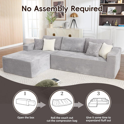 108" Boneless Couches for Living Room, Modular Sectional Sofa with Oversized Chaise, L-Shape Cloud Couch with Deep Seat, High-Density Memory Foam, No Assembly Required, Plush Corduroy Grey