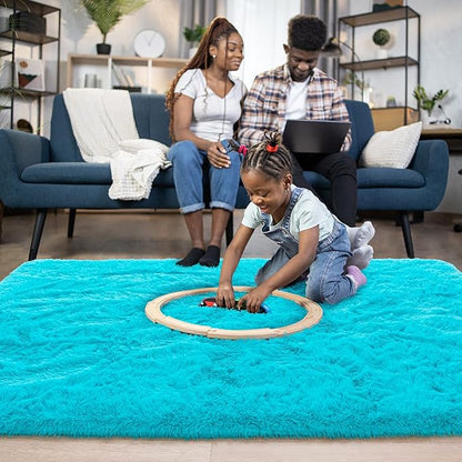 Noahas Fluffy Teal Blue Area Rugs for Bedroom Living Room,4x5.3 Feet Thick Shag Throw Floor Carpet,Soft Shaggy Non-Slip Plush Dorm Nursery Kids Rug Home Decor Aesthetic