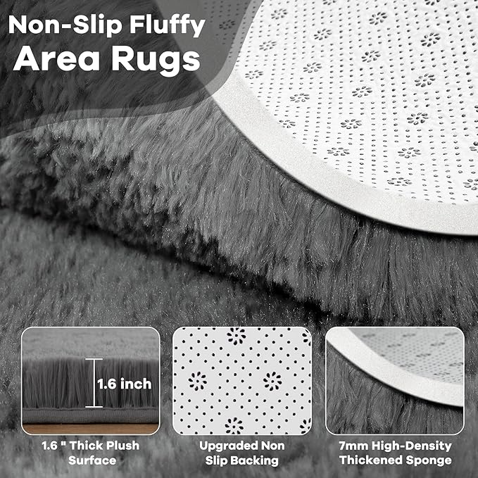 Noahas Fluffy Dark Grey 4x6 Area Rugs for Bedroom Living Room,Thick Shag Throw Floor Carpet,Soft Shaggy Bedside Non-Slip Plush Dorm Nursery Kids Rug