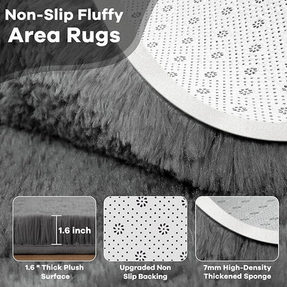 Noahas Fluffy Dark Grey 4x6 Area Rugs for Bedroom Living Room,Thick Shag Throw Floor Carpet,Soft Shaggy Bedside Non-Slip Plush Dorm Nursery Kids Rug