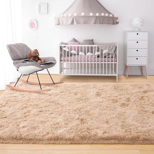 Noahas Fluffy Beige Area Rugs for Bedroom Living Room,4x5.3 Feet Thick Shag Throw Floor Carpet,Soft Shaggy Non-Slip Plush Dorm Nursery Kids Rug Home Decor Aesthetic