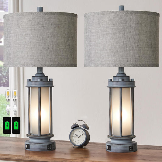 Farmhouse Vintage Nightstand Lamp with 2 USB Ports, Antique Retro Light Green Glass Night Light for Bedroom Entryway, 4 Bulbs Included