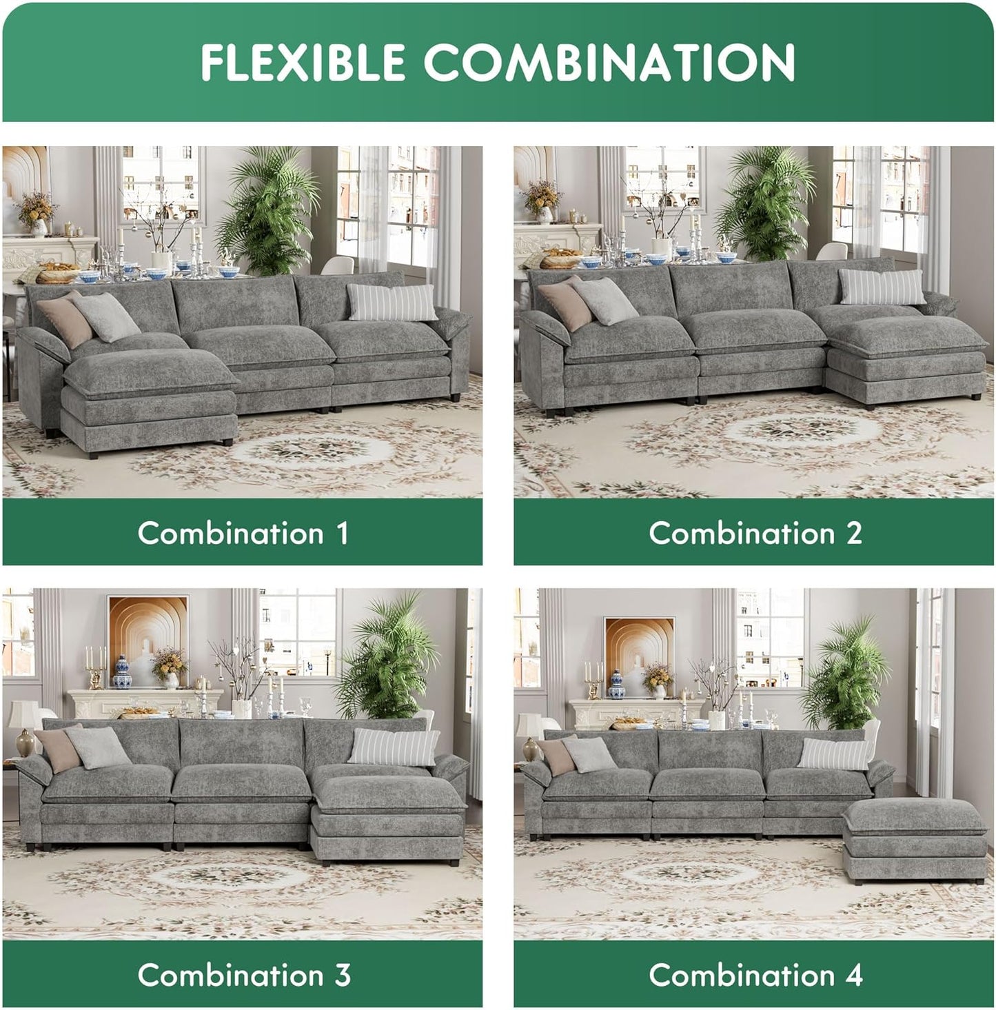 YESHOMY Sectional Modular Sofa L Shaped Chenille Fabric Couch with High Supportive & Soft Sponges and Removable Ottoman, Sleeper Comfy Upholstered Furniture for Living Room, Grey